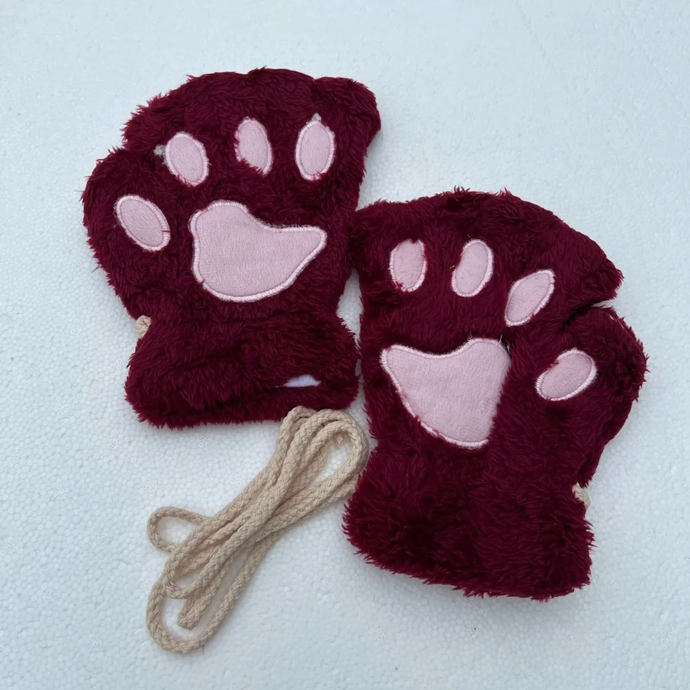 Super Soft Faux Fur Cat Bear Animal Paw Fingerless Gloves NEW Deadstock